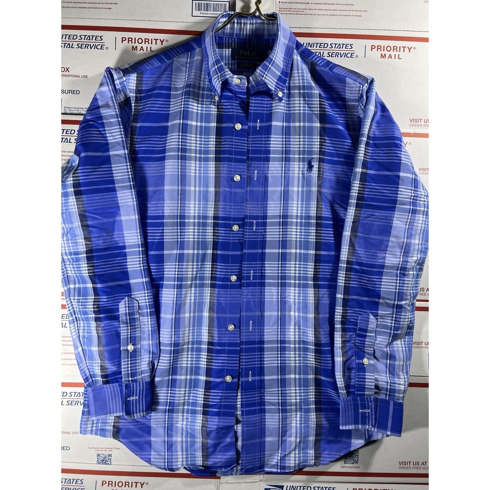 RALPH‎ LAUREN Men's Small Classic Fit Performance Shirt Plaid Blue Oxford